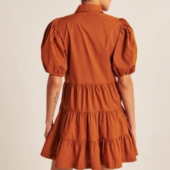 Abercrombie & Fitch Burnt Orange Poplin Puff Sleeve Button Down Tiered Dress S - Picture 3 of 16